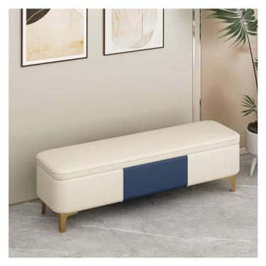 Imagem de Banco de armazenamento moderno - banco de entrada, otomano para quarto, final da cama, banco moderno de couro sintético bancos de quarto para o pé da cama, banco estofado com pernas douradas
