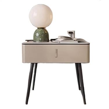 Imagem de Mesa de cabeceira com bordas arredondadas, mesa de cabeceira de madeira de couro, gaveta única, armazenamento oculto, móveis de cabeceira com pernas elevadas/bege, cinza, laranja, branco (bege)