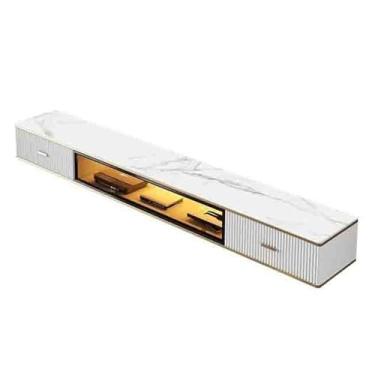 Imagem de Consoles de TV, armário de TV suspenso montado na parede, suporte de TV flutuante moderno com luzes LED, centro de entretenimento flutuante com porta de vidro e armazenamento para armário de TV