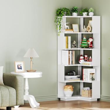 Imagem de CozyDH Prateleira de canto para livros, estante de canto de 5 camadas com defletor, suporte independente em forma de L para escritório em casa, sala de estar, quarto, cozinha, branca