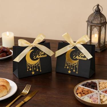 Imagem de 10 caixas de presente Eid Bow, sacos de papel para cupcake de doces do Ramadã com fita amarela estampada a quente e letras douradas, decoração de estrelas e lua, caixa de presente preta para