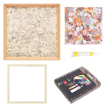 Imagem de UKQRRTC Quebra-cabeça de madeira para colorir, moldura de coelho de madeira DIY com canetas marcadoras, 11,81 × 11,81 × 0,248 cm, kit de artesanato criativo 3 em 1, textura de grão de madeira natural