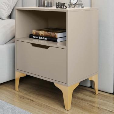 Imagem de Mesa de Cabeceira MDF Off White Brilhante com Pé Dourado Gaveta Corrediças Telescópicas Aço Puxador Cava Elegante