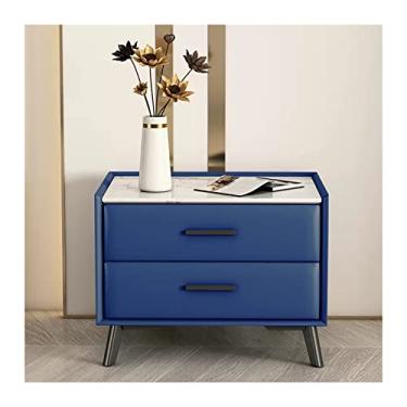 Imagem de Mesa de cabeceira moderna de couro artificial laqueada em madeira de ardósia para quarto cacifo de cabeceira com 2 gavetas, mesa lateral de armazenamento, móveis de quarto (azul) prático (L50 x P40 x