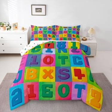 Imagem de jejeloiu Conjunto de edredom de solteiro, alfabeto ABC, para crianças, meninos, meninas, colorido, educativo, para decoração de quarto, microfibra, 2 peças com 1 fronha