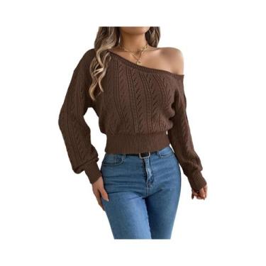 Imagem de Suéter De Tricô Feminino De Manga Longa Com Ombros À Mostra, Casual E 