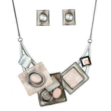 Imagem de ViVDuo Conjunto de joias femininas geométricas de liga esmaltada, triângulo, quadrado, losango, colar, brincos, joias para mulheres noivas, Extra Large, Metal, Zircônia cúbica