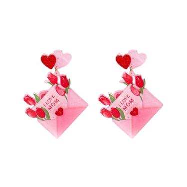 Imagem de Brincos de coração Love Mom para mulheres, envelope rosa vermelho e rosa, presente de joias para o dia das mães, Large, Acrílico, Sem pedra preciosa