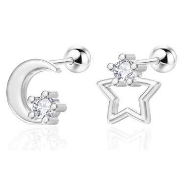 Imagem de Aloluo Brincos femininos de lua e estrela de 20 g, banhados a prata, zircônia cúbica, hipoalergênicos, pequenos, parafusos, cartilagem, tragus, brinco, joia delicada, aniversário, férias, presentes