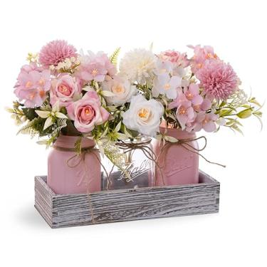 Imagem de 3 peças de flores artificiais em potes de pedreiro com bandeja de madeira para mesa de jantar, mesa de café, casa de fazenda, decoração de casa, decoração de primavera, perfeita para cozinha, sala de