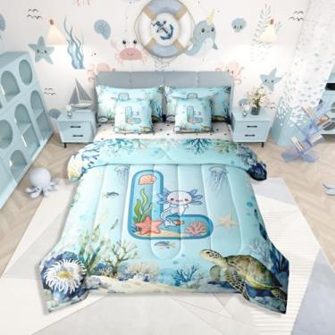 Imagem de Erosebridal Conjunto de cama de 7 peças Axolotl para meninas, meninos, Queen, com letra G, fofo, oceano azul, salamandra, em uma bolsa com lençol com monograma de desenho animado Axolotl para crianças