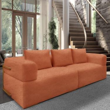 Imagem de Sofá 3 Lugares 2,40m Em Tecido Bouclé Com Aplique Em Madeira – Scott Lucadi Terracota