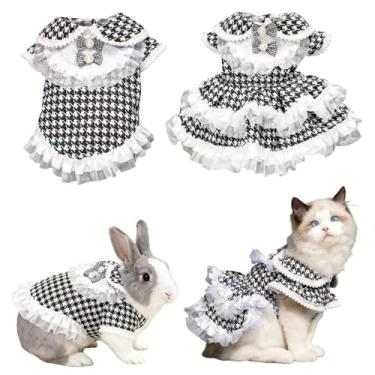 Imagem de 2 peças de roupas de coelho de estimação, vestidos de gato, adoráveis vestidos de camiseta xadrez clássicos, roupas compatíveis com coleira para coelhos, gatos, filhotes e outros animais de estimação