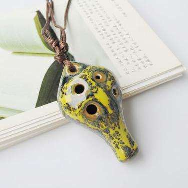 Imagem de Ocarina de cerâmica alto C para iniciantes com 6 furos, instrumento de sopro de argila tradicional, pequeno presente musical fácil de aprender para estudantes e adultos (amarelo)