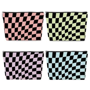 Imagem de Pacote com 4 sacos de maquiagem xadrez coloridos, bolsas de cosméticos para decoração quadriculada, presentes para mulheres, amigas, melhores amigas, casamento, Natal, Xadrez colorido 1018, Estampado