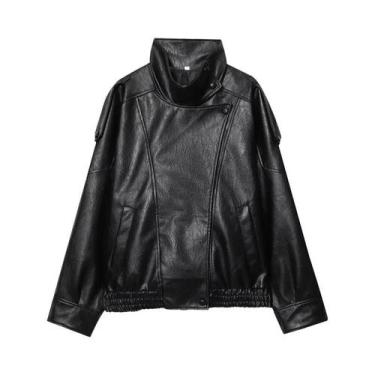 Imagem de Jaqueta Bomber Feminina Preta De material sintético Com Botões De Pres