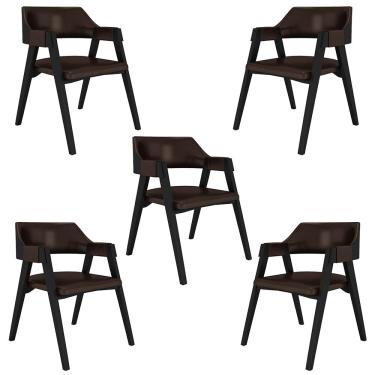 Imagem de Kit 5 Cadeiras Sala de Jantar e Jogos Carteados Madeira Maciça Poker PU Marrom/Preto G42 - Gran Belo