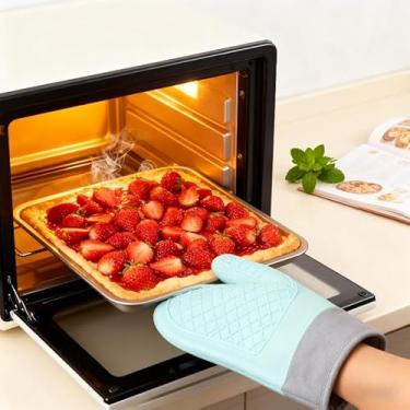 Imagem de Luvas de forno de silicone e algodão azul claro, luvas de cozimento resistentes ao calor com aderência antiderrapante, luvas de cozinha