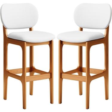 Imagem de Kit 02 Banquetas Alta Para Cozinha Madeira Fixa Betta L02 Imbuia Corano Branco - Lyam Decor