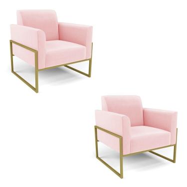 Imagem de Kit 2 Poltronas Base Industrial Alta Dourado Marisa Suede D03 - D\'rossi Cor Rosa Bebê