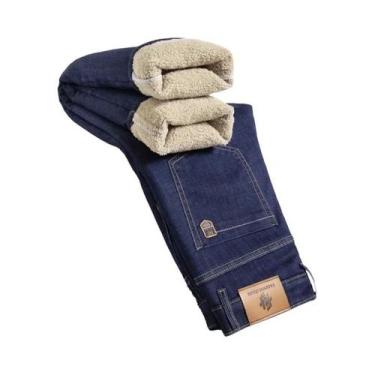 Imagem de Calça Jeans Masculina De Inverno Grossa Com Cintura Alta, Forro De Lã 