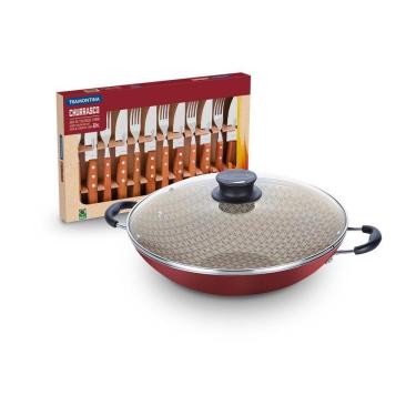 Imagem de Kit - Panela Wok 6l Alumínio 36 Cm Paris Vermelho + 1 Jogo Churrasco 12pç - Tramontina