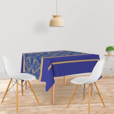 Imagem de Toalha De Mesa Quadrada 4 Lugares Tecido Oxford Arabesco Azul Linhas D