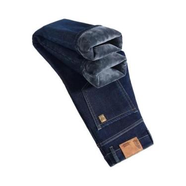 Imagem de Calças Jeans Térmicas De Fleece Para O Inverno Masculinas, Casuais, Re