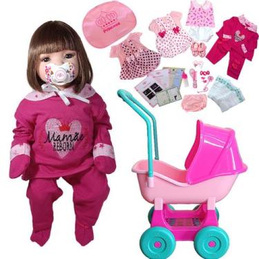 Imagem de Boneca Bebê Reborn Carrinho Enxoval 4 Trocas Mamãe Reborn