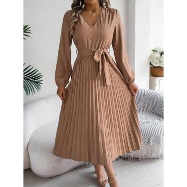 Imagem de Vestido Feminino Elegante Com Botões, Decote Em V, Manga Longa, Plissa