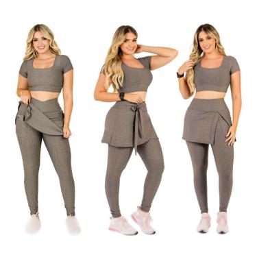 Imagem de Kit 3 Conjuntos Fitness Moda Evangélica Calça Legging Saia Com Bolso e Top Cropped The...