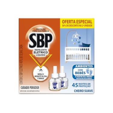 Imagem de Repelente Elétrico Líquido SBP 45 Noites Cheiro Suave com 2 unidades de 32.9ml