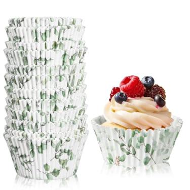Imagem de Forros de cupcake verdes mini formas de assar verduras embalagens de cupcake de casamento forros de cupcake florais para bolo muffin doce chocolate, 300 unidades, vegetação de eucalipto