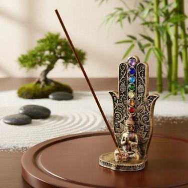 Imagem de Incensário Buda 7 Chakras Hindu Yoga Resina Importada Lindo Ouro Buda 
