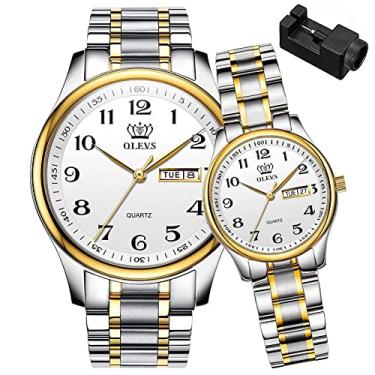 Imagem de OLEVS casal par relógio de quartzo para homens e mulheres relógios dele e dela conjunto presentes relógio de pulso de aço inoxidável com dia data calendário dois tons