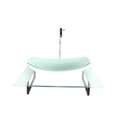 Imagem de KIT CUBA DE VIDRO OVAL CHANFRADA COM TAMPO 60CM BRANCO E SUPORTE TORNEIRA VALVULA