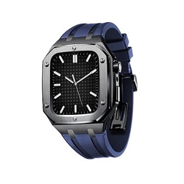 Imagem de CZKE Capa protetora de cobertura total para pulseira de relógio Apple 45mm 44mm homens mulheres capa protetora de metal com alça de silicone à prova de choque (cor: preto azul, tamanho: