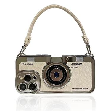 Imagem de QoKcoahn Capa de telefone com câmera vintage 3D com alça de mão - Capa protetora transversal à prova de choque de policarbonato de silicone legal exclusiva para iPhone 13-branca