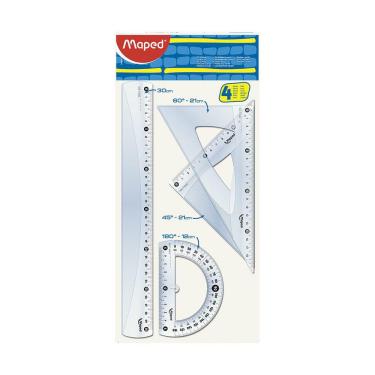 Imagem de Kit Escolar Geométrico Maped com 1 Régua 30cm, 2 Esquadros e 1 Transferidor 180° Cristal