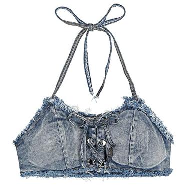 Imagem de Conjunto de jeans feminino calça quente 2 peças maiô de praia shorts boate roupa de banho para praia festa na piscina show de bar, azul 2, P (largura 74 cm)