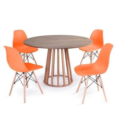 Imagem de Conjunto Mesa de Jantar Redonda Talia Amadeirada Natural 120cm com 4 Cadeiras Eames Eiffel - Laranja