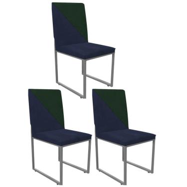 Imagem de Kit 03 Cadeira Stan Duo Sala De Jantar Ferro Prata Suede Azul Marinho E Verde Musgo - Amey Decor