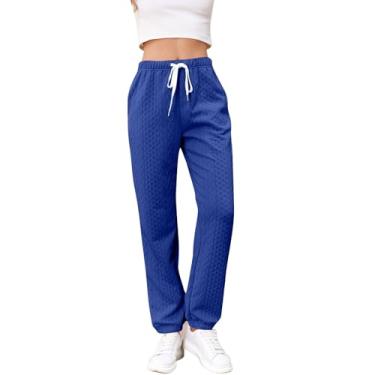 Imagem de Calça de moletom cargo feminina, calça casual com calças jacquard de algodão e calça preguiçosa, calça legging feminina (Azul, P)
