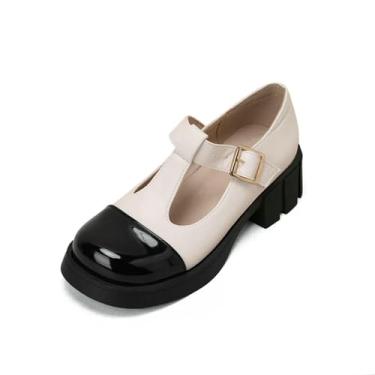 Imagem de ZIRIA Sapatos de couro patchwork Sweet Mary Janes com tira em T sapatos góticos sapatos femininos preto vermelho, Bege, 10