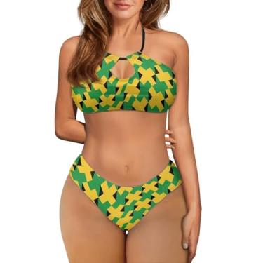 Imagem de Tomeusey Conjunto de biquíni de cintura alta para mulheres, 2 peças com top de biquíni ajustável e calcinha triangular de cordão para mulheres, Bandeira jamaicana - 3, GG