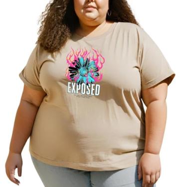 Imagem de Camiseta Feminina T-shirts Blusinhas Flor com Fogo Camisa Plus Size GuGi CF01-005 (Caqui, GG)
