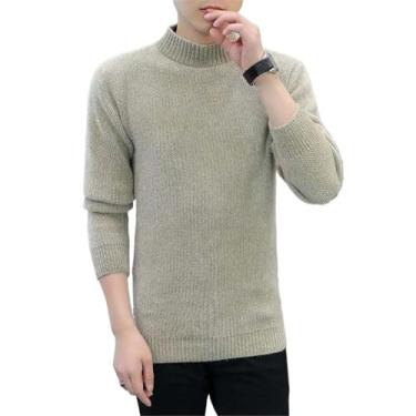 Imagem de MQMYJSP Suéter masculino casual outono inverno solto gola redonda tricô manga longa pulôver masculino cor sólida, Caqui, P
