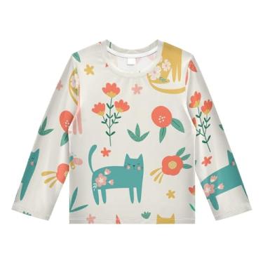 Imagem de Linqin Camiseta Rash Guard de manga comprida para meninos e meninas, FPS 50+, flores e gatos, proteção solar para crianças, Flores e gatos, 5-6 Anos