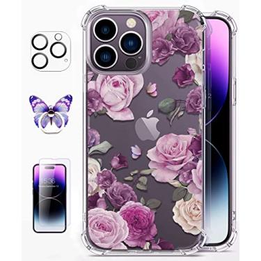 Imagem de [4 em 1] RoseParrot Capa para iPhone 14 Pro Max com protetor de tela de vidro temperado + protetor de lente de câmera, transparente com design de padrão floral, capa protetora à prova de choque (rosas roxas)