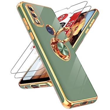 Imagem de LeYi Capa para celular Motorola G Pure, capa para Moto G Power 2022 com protetor de tela de vidro temperado [2 unidades] Suporte magnético giratório de 360°, capa protetora com borda de ouro rosa, verde L